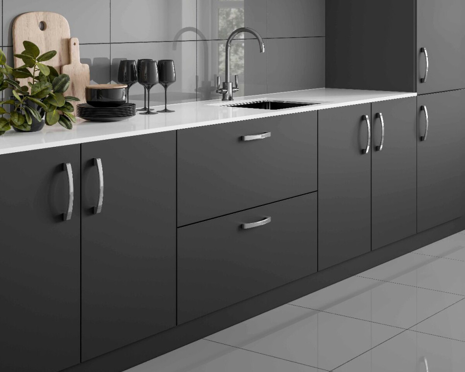 Stylish grey kitchen with sleek cabinetry and elegant fittings.