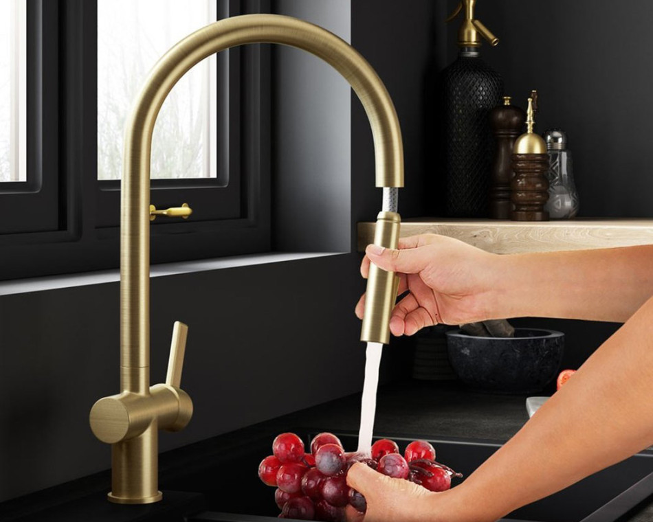 Stylish Brass Kitchen Hot Tap in Action