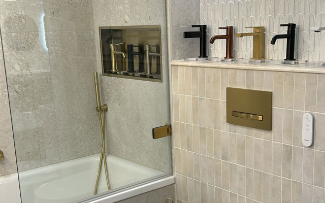 Stunning bathroom design featuring modern fixtures and elegant finishes.